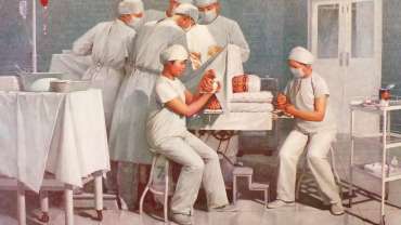 An oil painting of doctors operating on a patient using acupuncture for anesthesia.